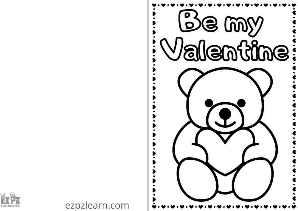 Be My Valentine Bear Valentines Coloring Card for Kids 